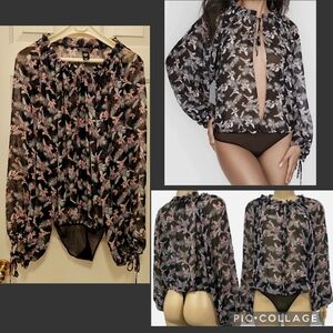 Victoria's Secret Floral Chiffon Open Front Sheer Bodysuit.